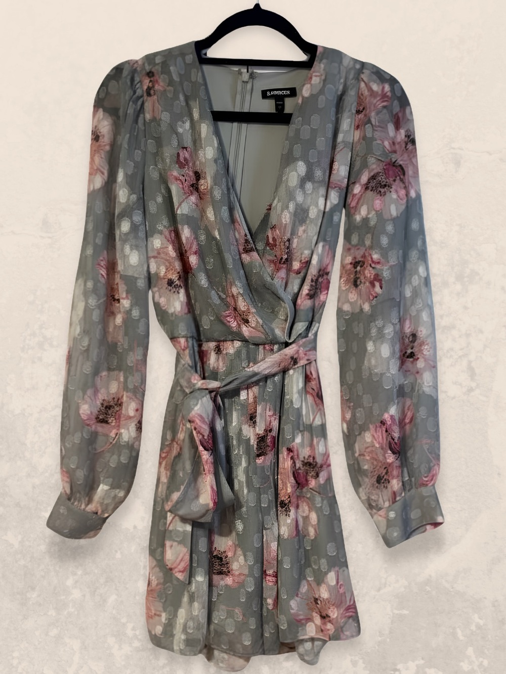 Express Gray Floral Wrap Romper with Pink Floral Accents
